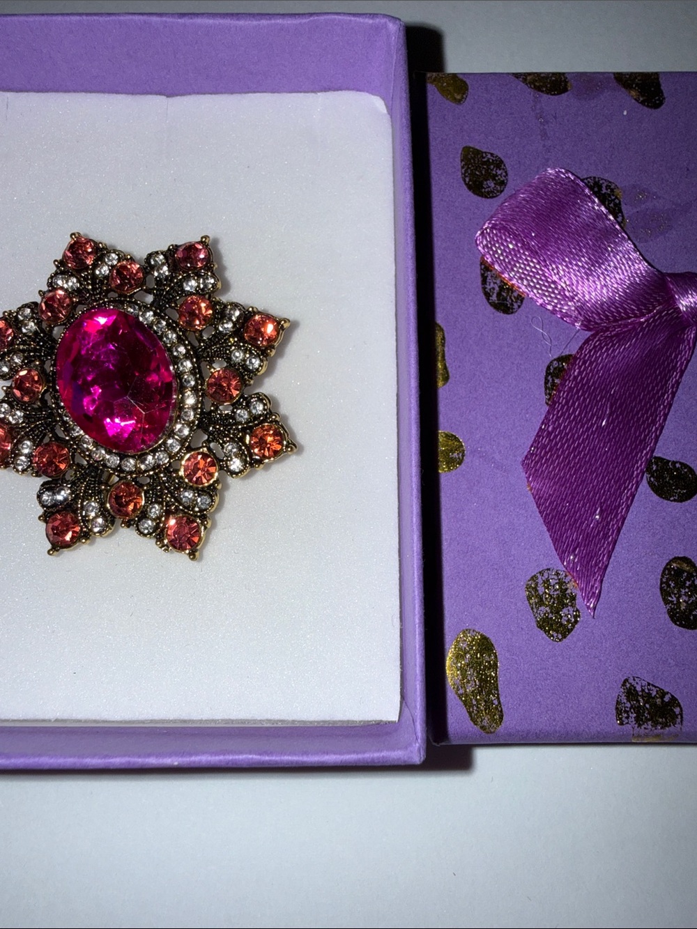 Bright Fuchsia Crystal Floral Brooch with Gold-Tone Setting